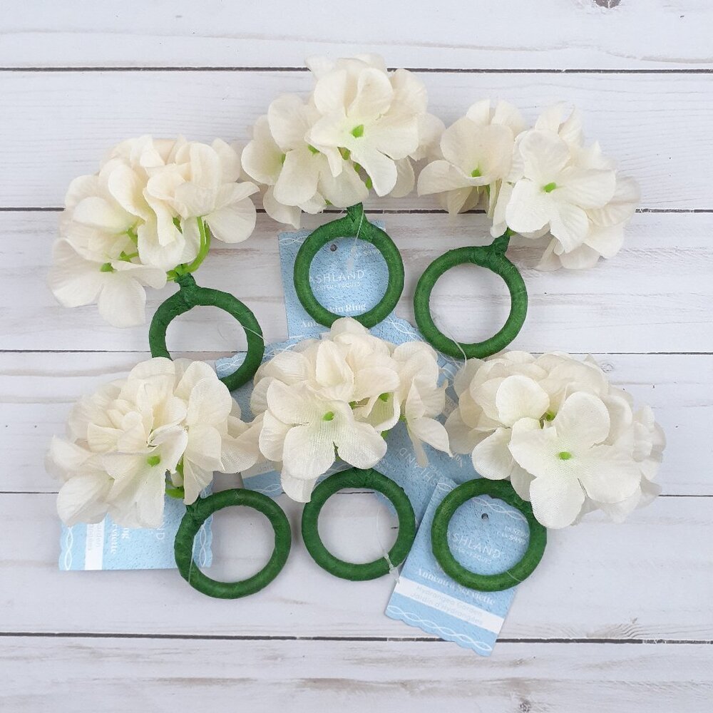 Napkin Rings Floral Hydrangea Flowers Set of 6 Cream